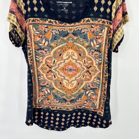 Lucky Brand Womens Boho Print Short Sleeve Top Gold blue medallion size 1X plus - Picture 4 of 13